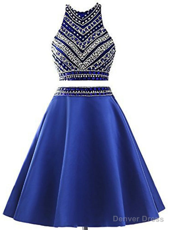 Royal Blue Two Piece Satin Beading Crystal Homecoming Dresses Main image