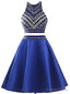 Royal Blue Two Piece Satin Beading Crystal Homecoming Dresses