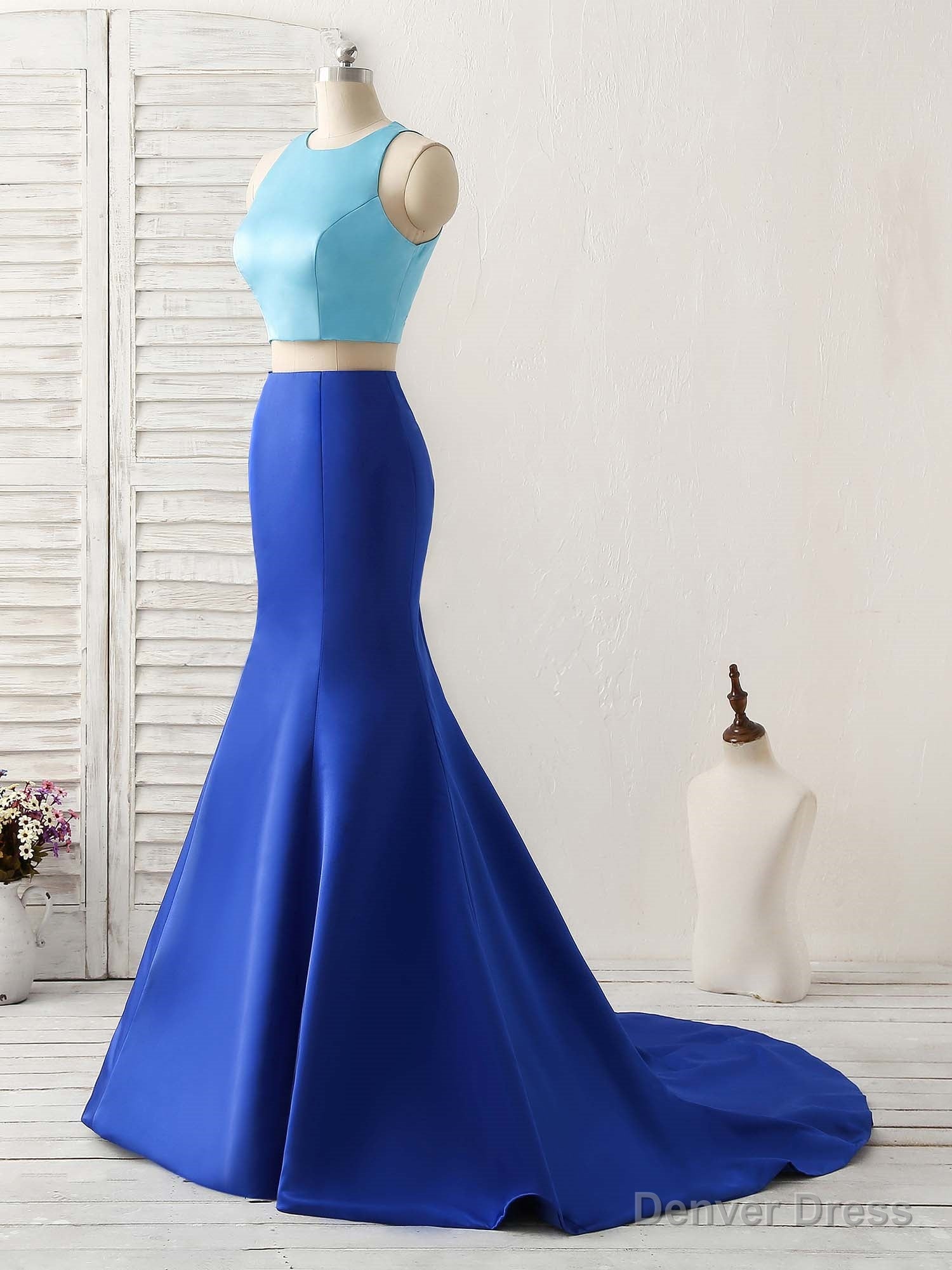 Royal Blue Two Pieces Satin Long Prom Dress, Blue Evening Dress Secondary image