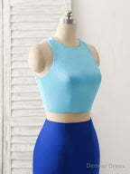 Royal Blue Two Pieces Satin Long Prom Dress, Blue Evening Dress