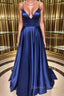 Royal Blue V Neck Backless Satin Long Prom Dress, Royal Blue Prom Dress, Backless Royal Blue Prom Dresses