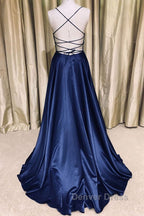 Royal Blue V Neck Backless Satin Long Prom Dress, Royal Blue Prom Dress, Backless Royal Blue Prom Dresses
