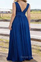 Royal Blue V Neck Chiffon Floor Length Bridesmaid Dress Long Bridesmaid Dresses With Pleated Split