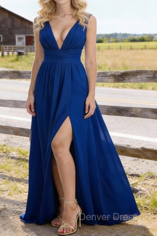 Royal Blue V Neck Chiffon Floor Length Bridesmaid Dress Long Bridesmaid Dresses With Pleated Split Main image
