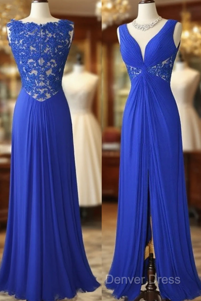 Royal Blue V Neck Chiffon Lace Long Prom Dresses, Evening Dresses