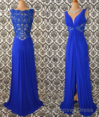 Royal Blue V Neck Chiffon Lace Long Prom Dress, Evening Dress