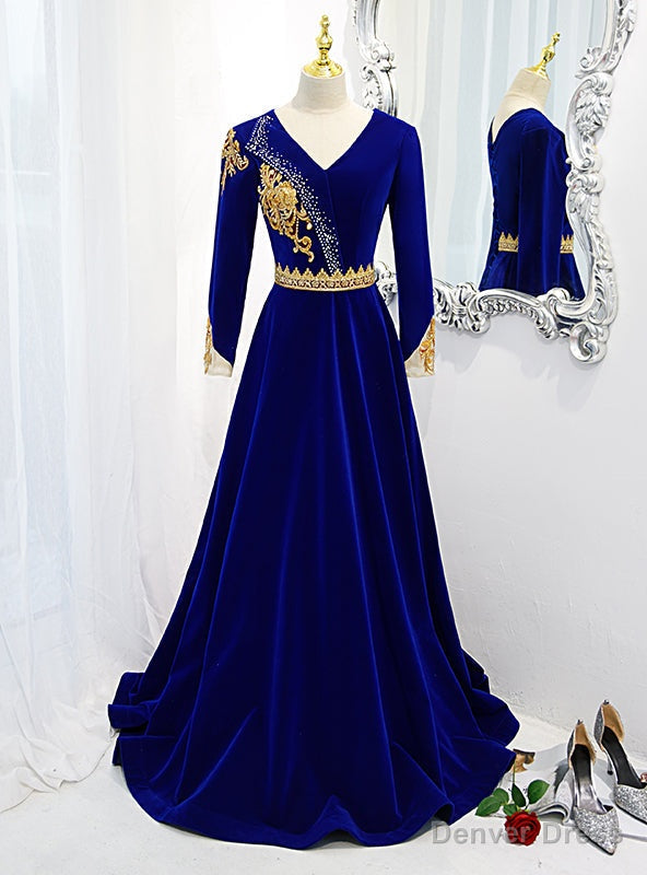 Royal Blue V-neck Long Sleeve Appliques Beading Prom Dress Main image