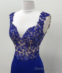 Royal Blue V Neck Mermaid Long Prom Dress, Blue Formal Dress