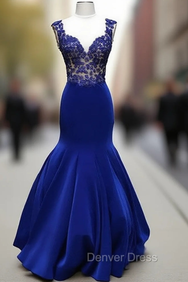 Royal Blue V Neck Mermaid Long Prom Dresses, Blue Formal Dresses Main image