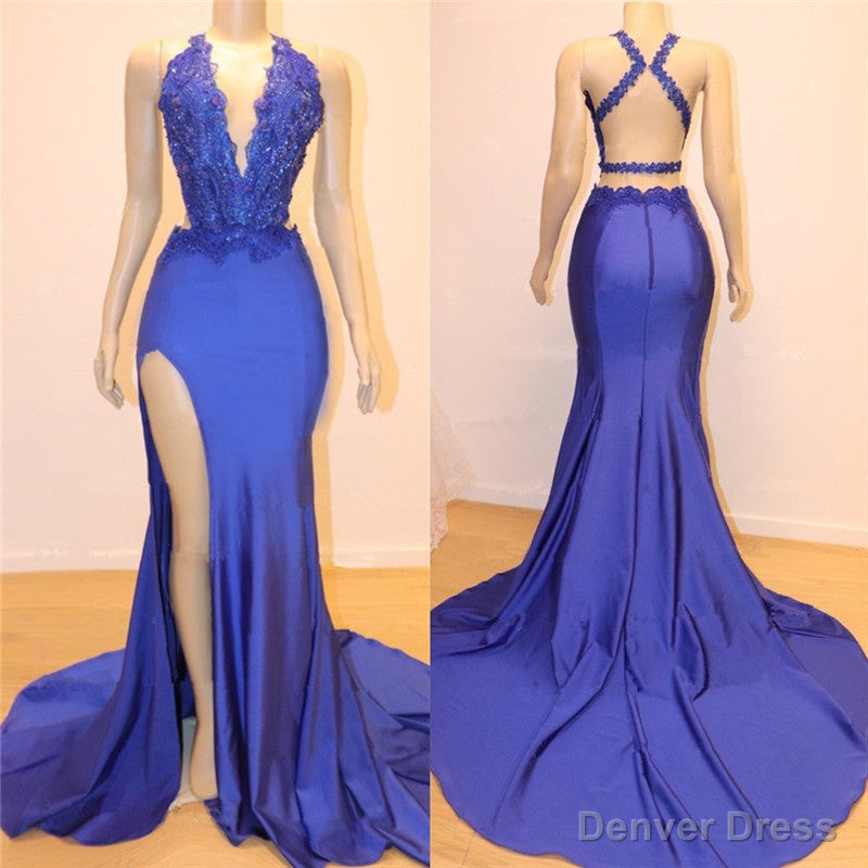 Royal Blue V-neck Open back Side Slit Mermaid Beads Lace Prom Dresses Secondary image