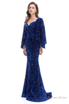 V Neck Sequins Mermaid Prom Dresses with Sleeves