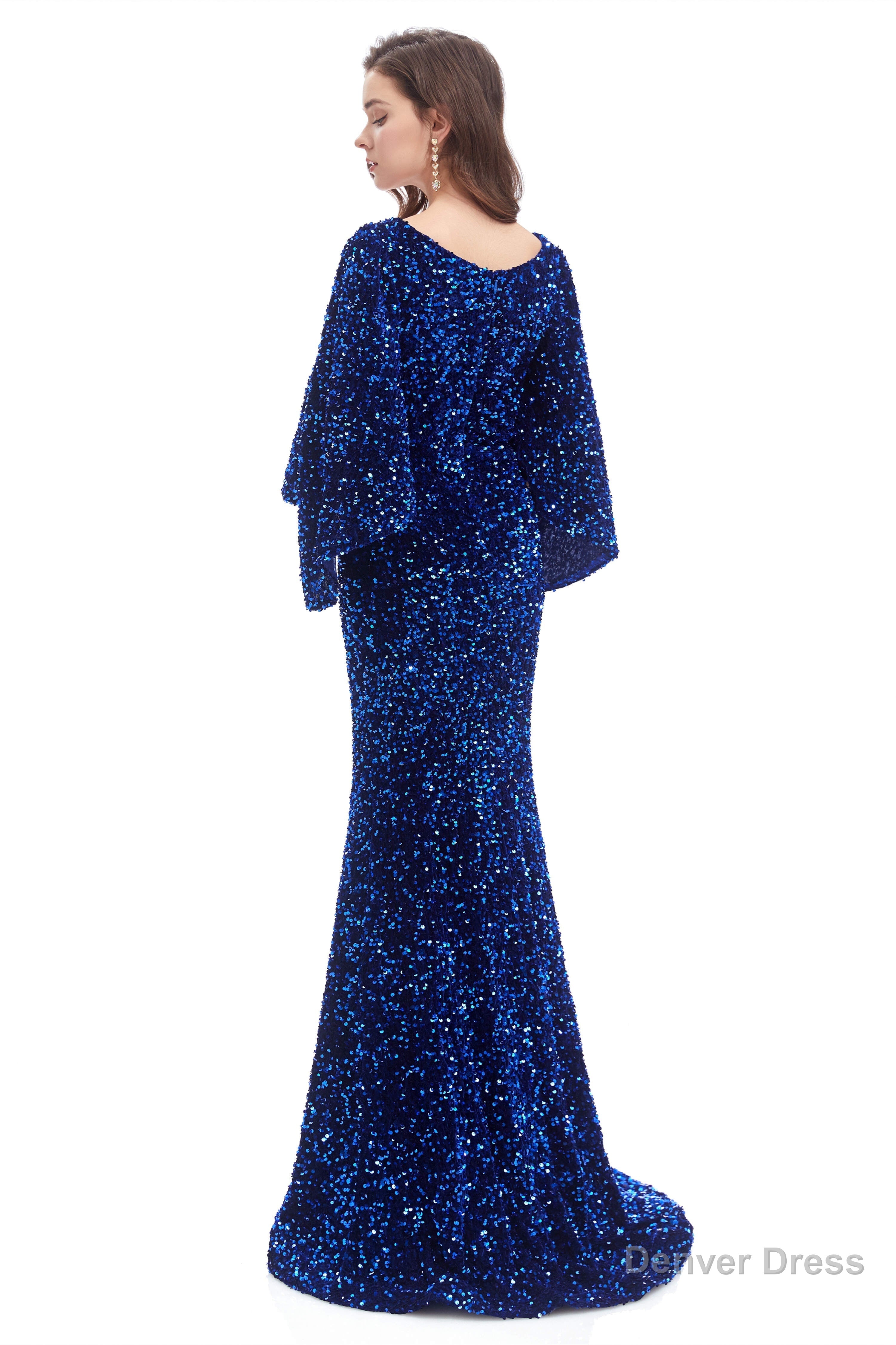 V-Neck Sequins Mermaid Prom Dresses with Sleeves