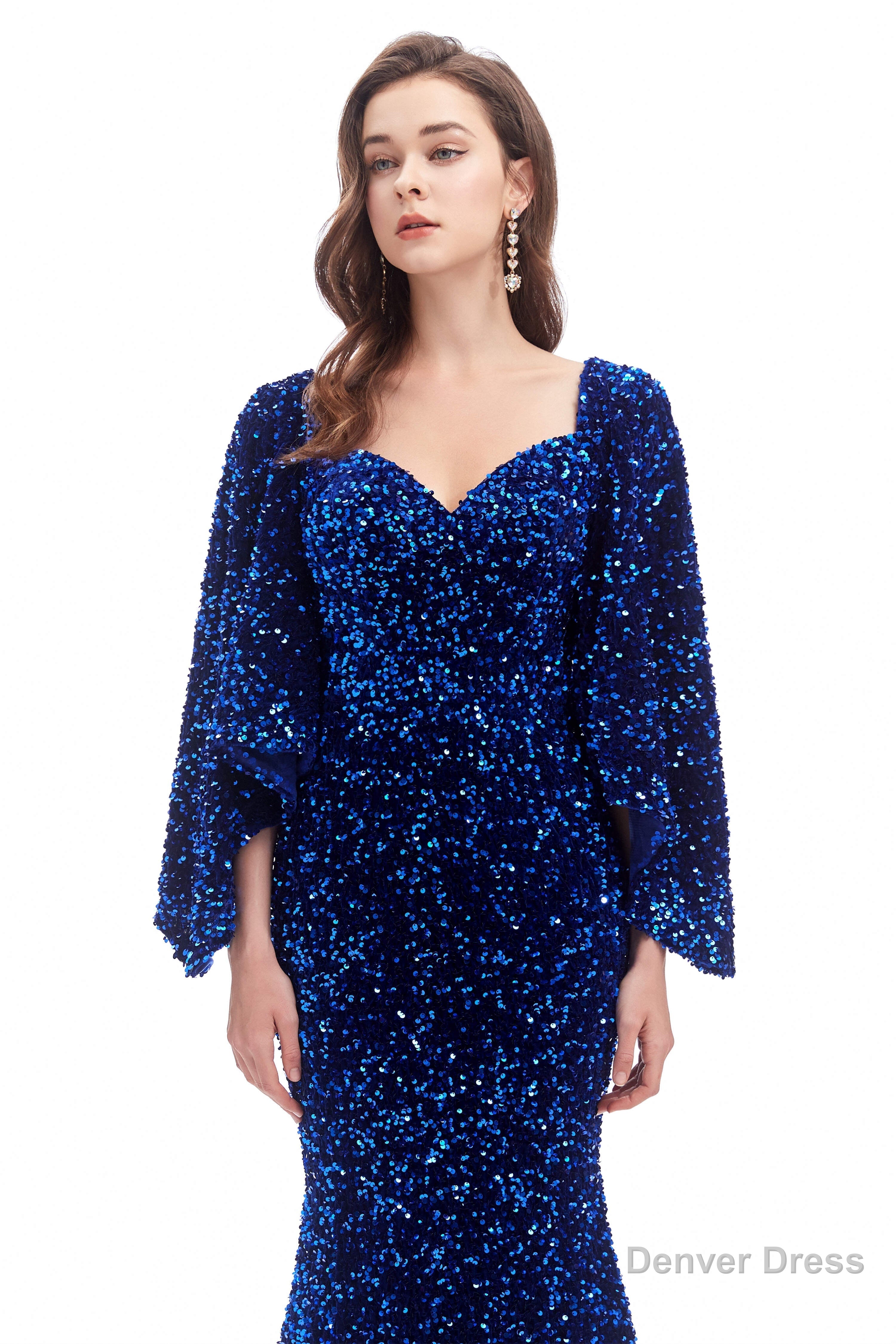 V-Neck Sequins Mermaid Prom Dresses with Sleeves