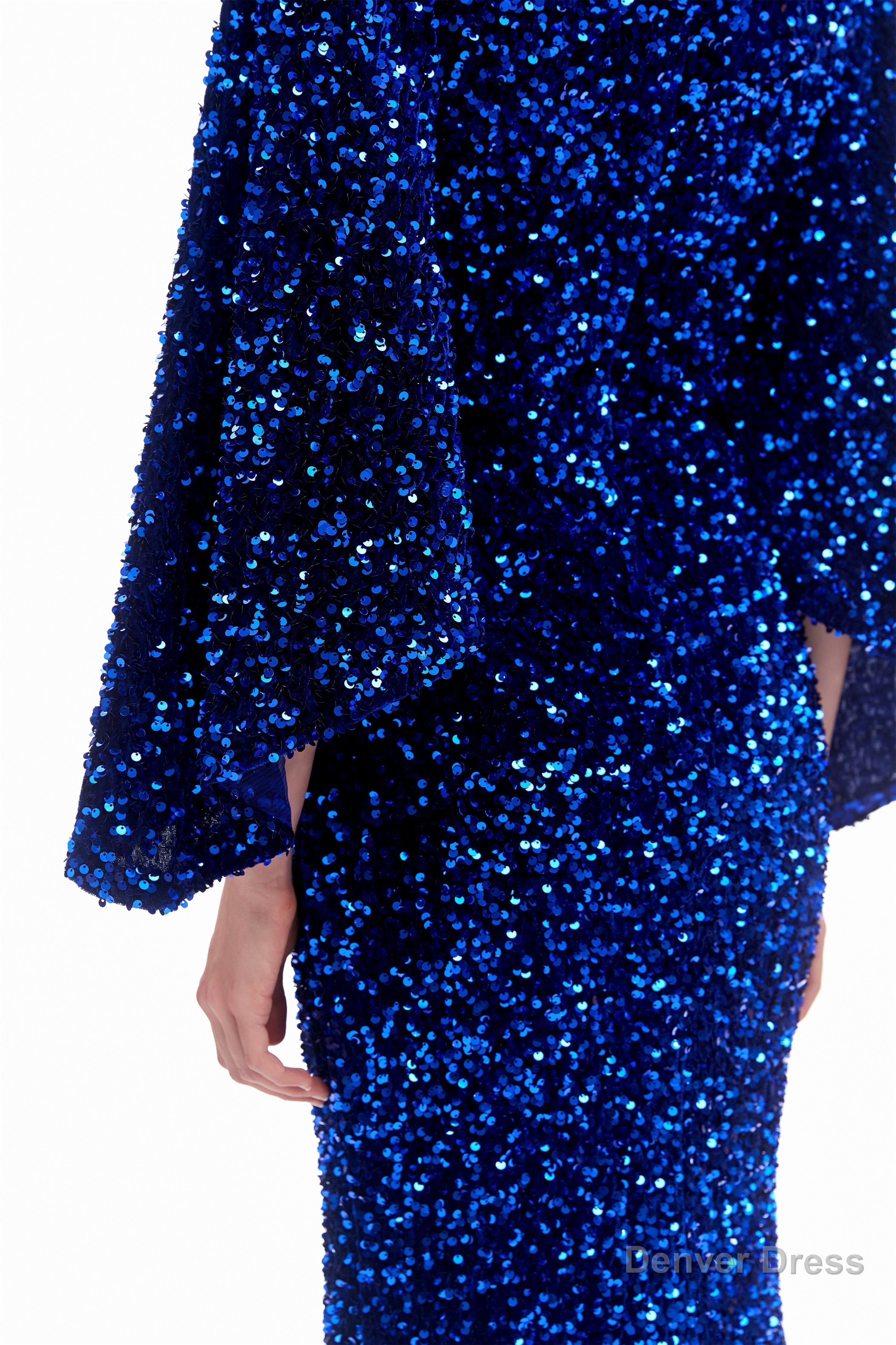 V Neck Sequins Mermaid Prom Dresses with Sleeves