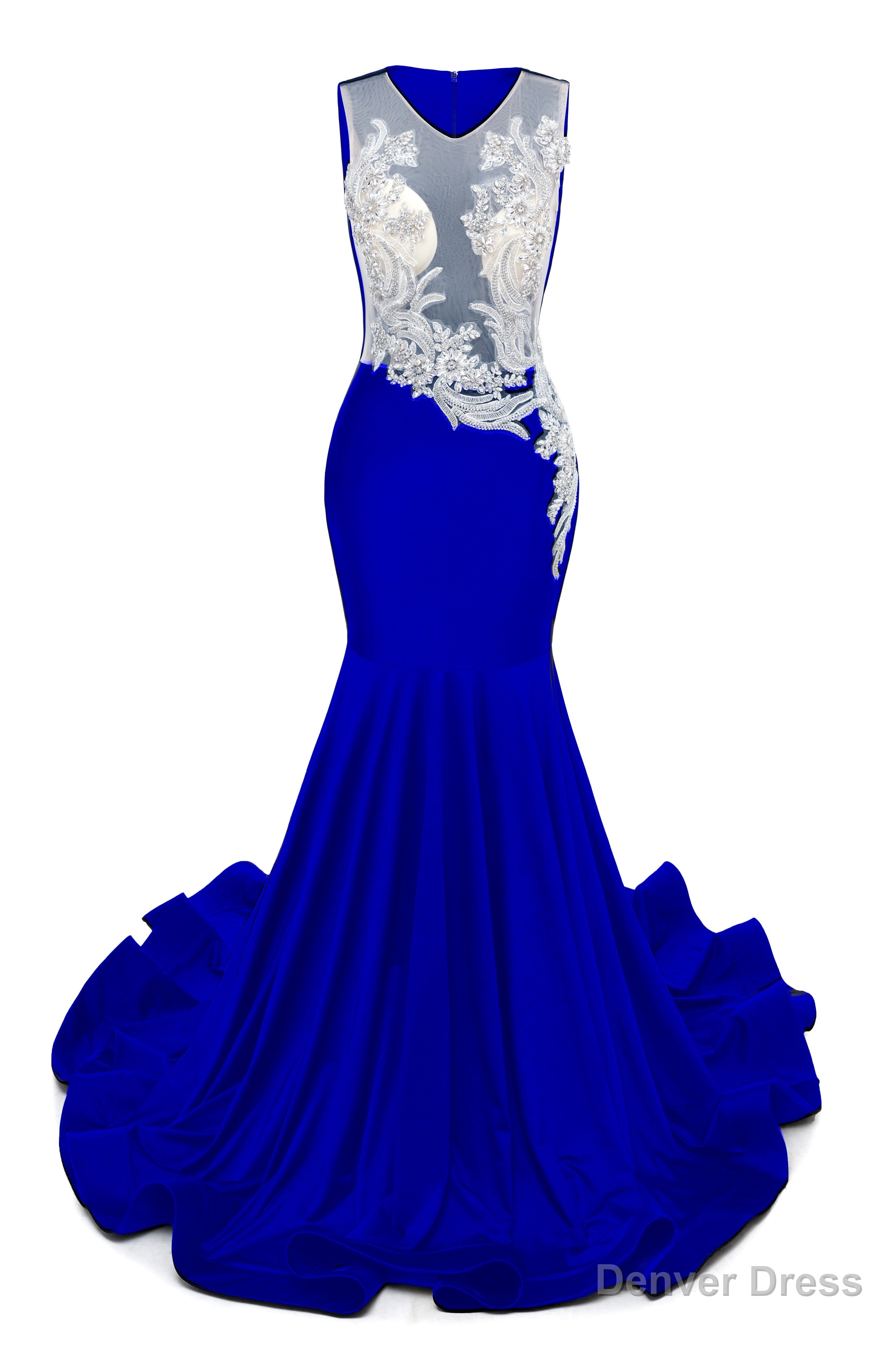 Royal Blue V-Neck Sheer Corset Prom Dresses Beaded Mermaid Long Train Evening Gowns Main image