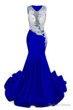 Royal Blue V-Neck Sheer Corset Prom Dresses Beaded Mermaid Long Train Evening Gowns