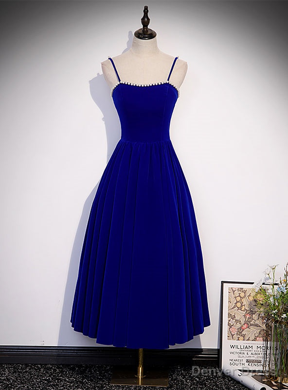 Royal Blue Velvet Spaghetti Straps Pearls Prom Dresses