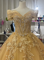 Royal Champagne Gold Off-The-Shoulder Beaded Embroidered Tulle Long Prom Dresses Evening Dresses