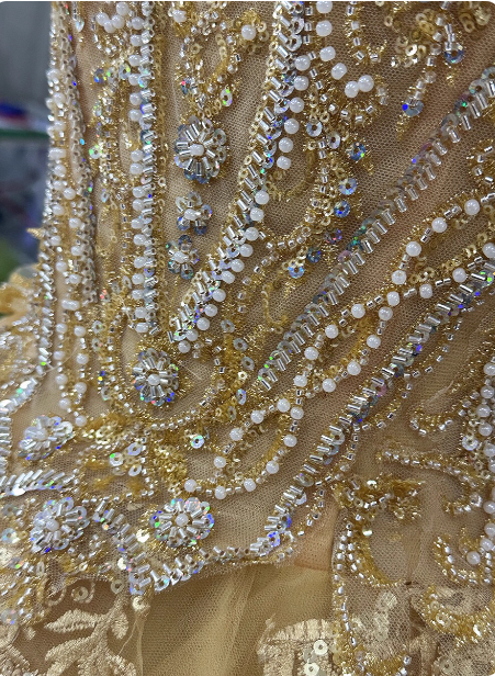 Royal Champagne Gold Off-The-Shoulder Beaded Embroidered Tulle Long Prom Dresses Evening Dresses