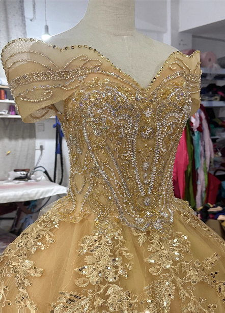Royal Champagne Gold Off-The-Shoulder Beaded Embroidered Tulle Long Prom Dresses Evening Dresses