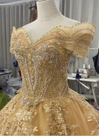 Royal Champagne Gold Off-The-Shoulder Beaded Embroidered Tulle Long Prom Dresses Evening Dresses