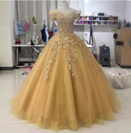 Royal Champagne Gold Off-The-Shoulder Beaded Embroidered Tulle Long Prom Dresses Evening Dresses