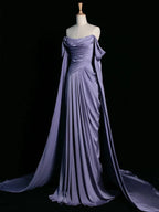 Royal Purple A-Line Off Shoulder Satin Long Prom Dress