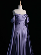 Royal Purple A-Line Off Shoulder Satin Long Prom Dress