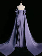 Royal Purple A-Line Off Shoulder Satin Long Prom Dress