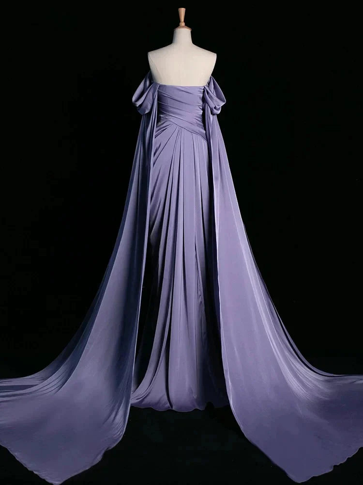 Royal Purple A-Line Off Shoulder Satin Long Prom Dress