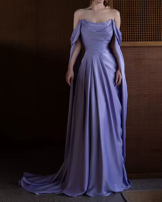 Royal Purple A-Line Off Shoulder Satin Long Prom Dress