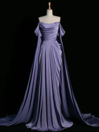 Royal Purple A-Line Off Shoulder Satin Long Prom Dress