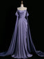Royal Purple A-Line Off Shoulder Satin Long Prom Dress