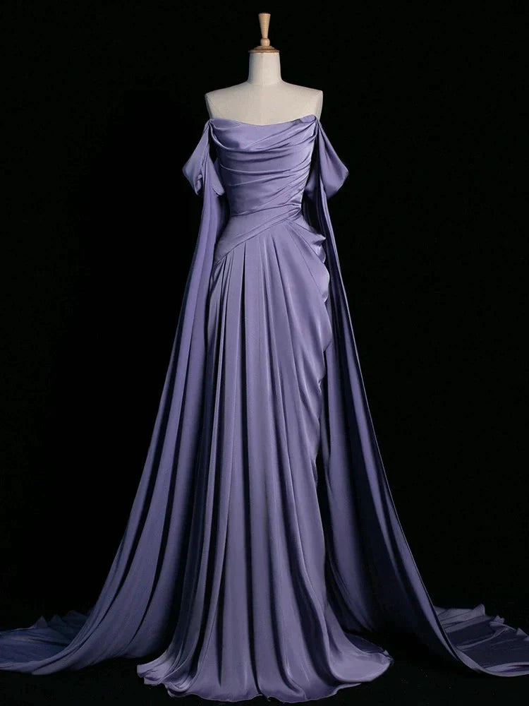 Royal Purple A-Line Off Shoulder Satin Long Prom Dress Main image