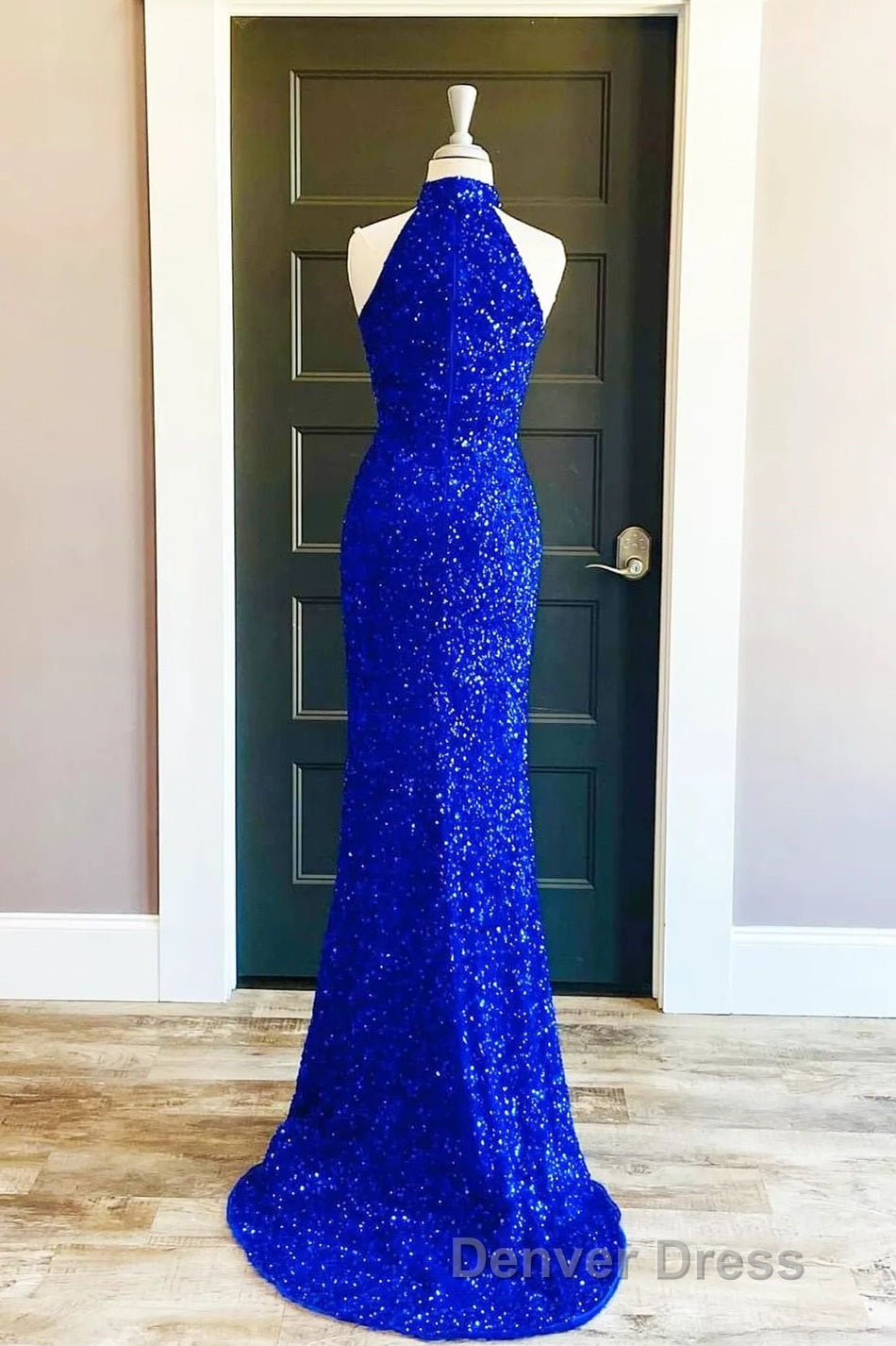 Sequins High Neck Royal Blue Long Prom Dresses with Slit Secondary image