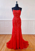 Red Lace Long Prom Dress, Mermaid Prom Dresses