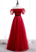 Red Tulle Long Prom Dress, A Line Off the Shoulder Prom Dresses