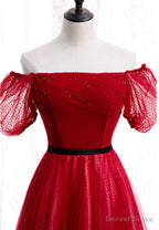 Red Tulle Long Prom Dress, A Line Off the Shoulder Prom Dresses