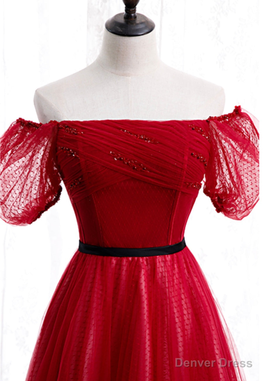 Red Tulle Long Prom Dress, A Line Off the Shoulder Prom Dresses