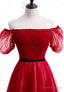 Red Tulle Long Prom Dress, A Line Off the Shoulder Prom Dresses