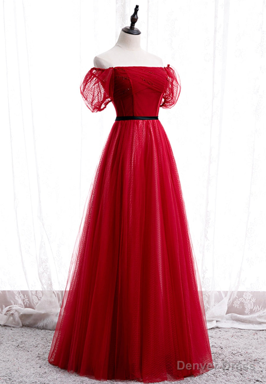 Red Tulle Long Prom Dress, A Line Off the Shoulder Prom Dresses Main image