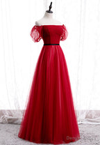 Red Tulle Long Prom Dress, A Line Off the Shoulder Prom Dresses