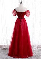 Red Tulle Long Prom Dress, A Line Off the Shoulder Prom Dresses