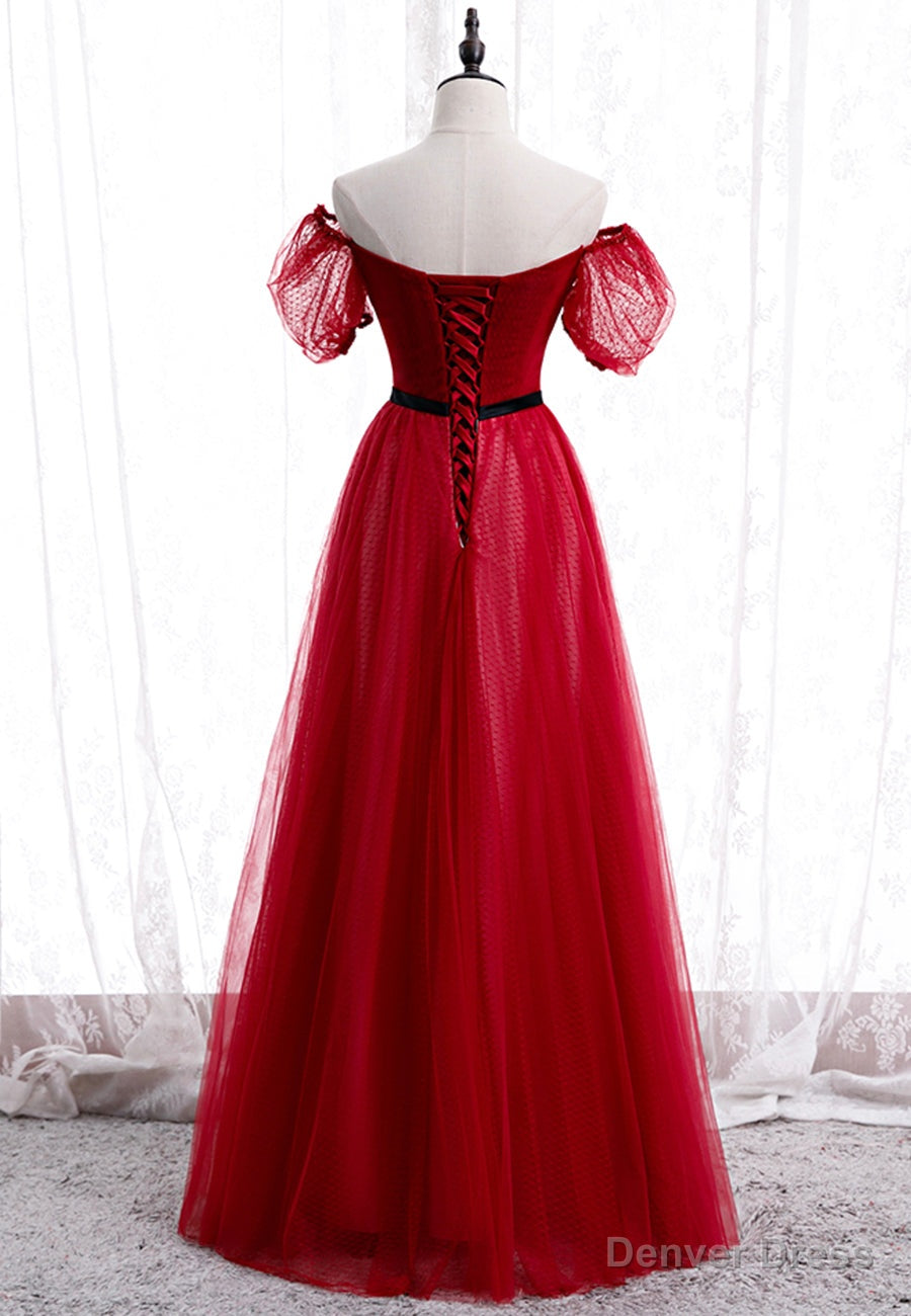 Red Tulle Long Prom Dress, A Line Off the Shoulder Prom Dresses