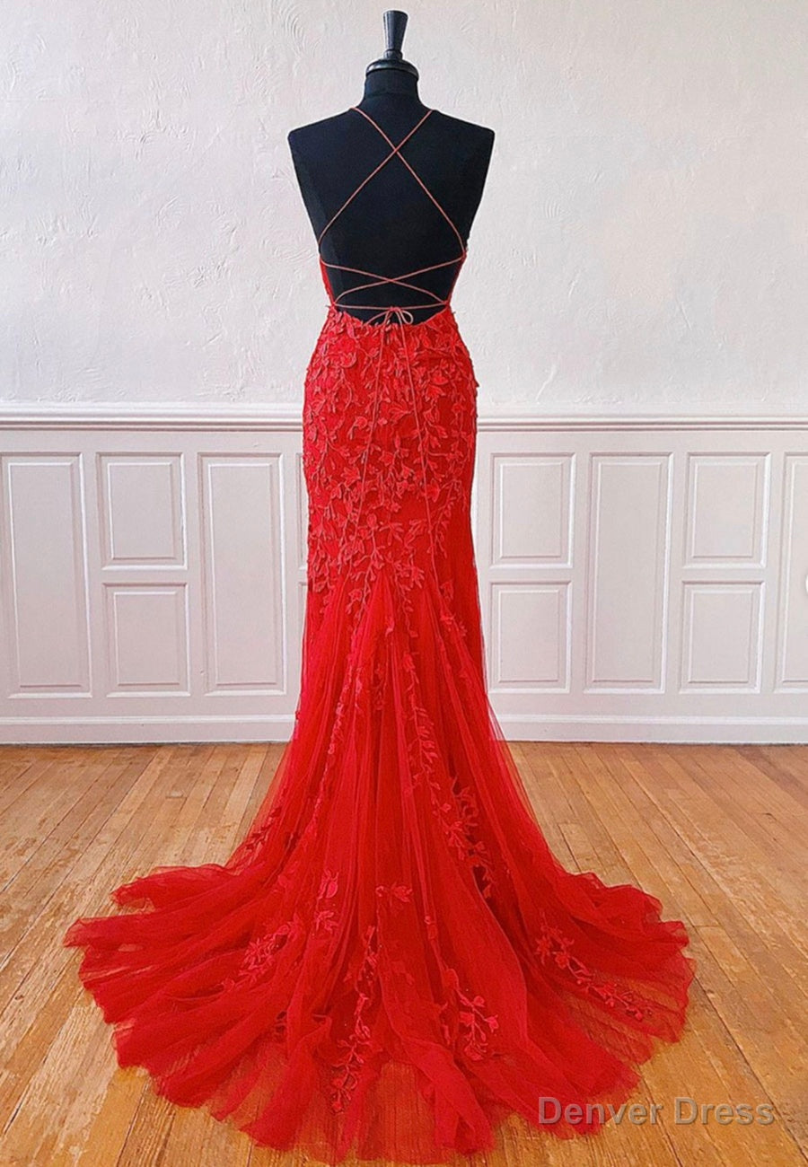 Red Lace Long Prom Dress, Mermaid Prom Dresses