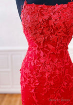 Red Lace Long Prom Dress, Mermaid Prom Dresses