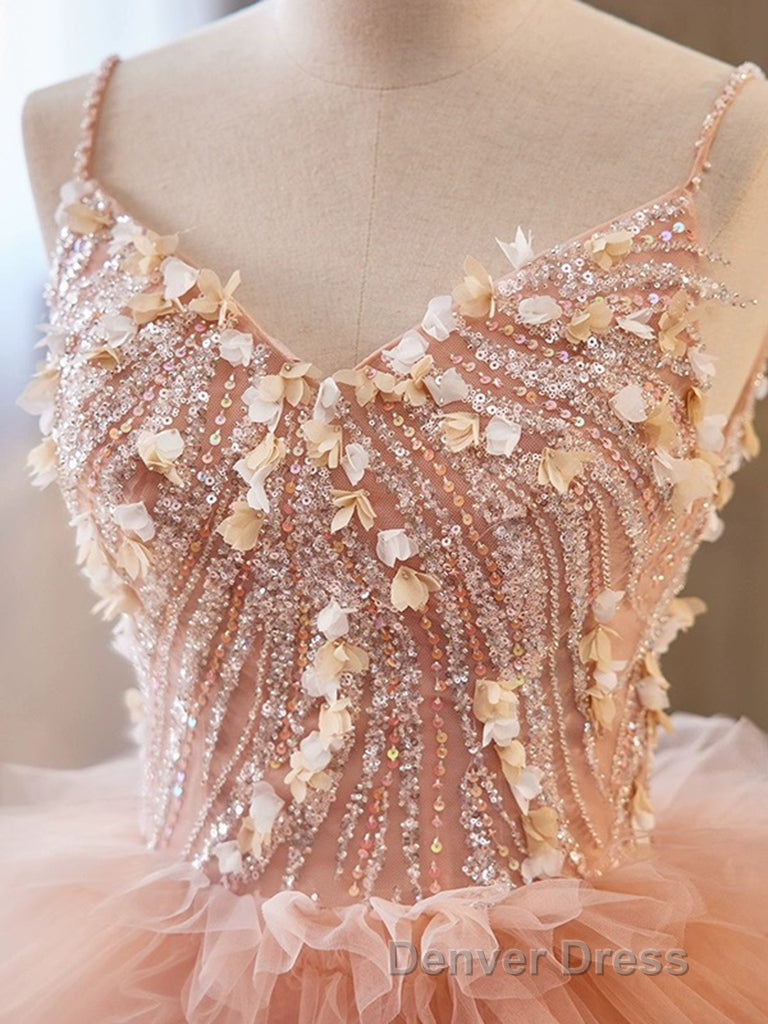 Unique V Neck Tulle Sequin Orange Pink Long Prom Dress, Orange Pink Sweet 16 Dresses