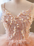 Unique V Neck Tulle Sequin Orange Pink Long Prom Dresses, Orange Pink Sweet 16 Dresses