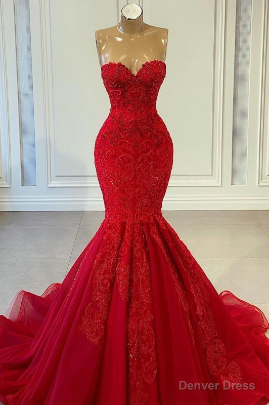 Ruby Sleeveless Mermaid Prom Gowns Adorned with Beadwork