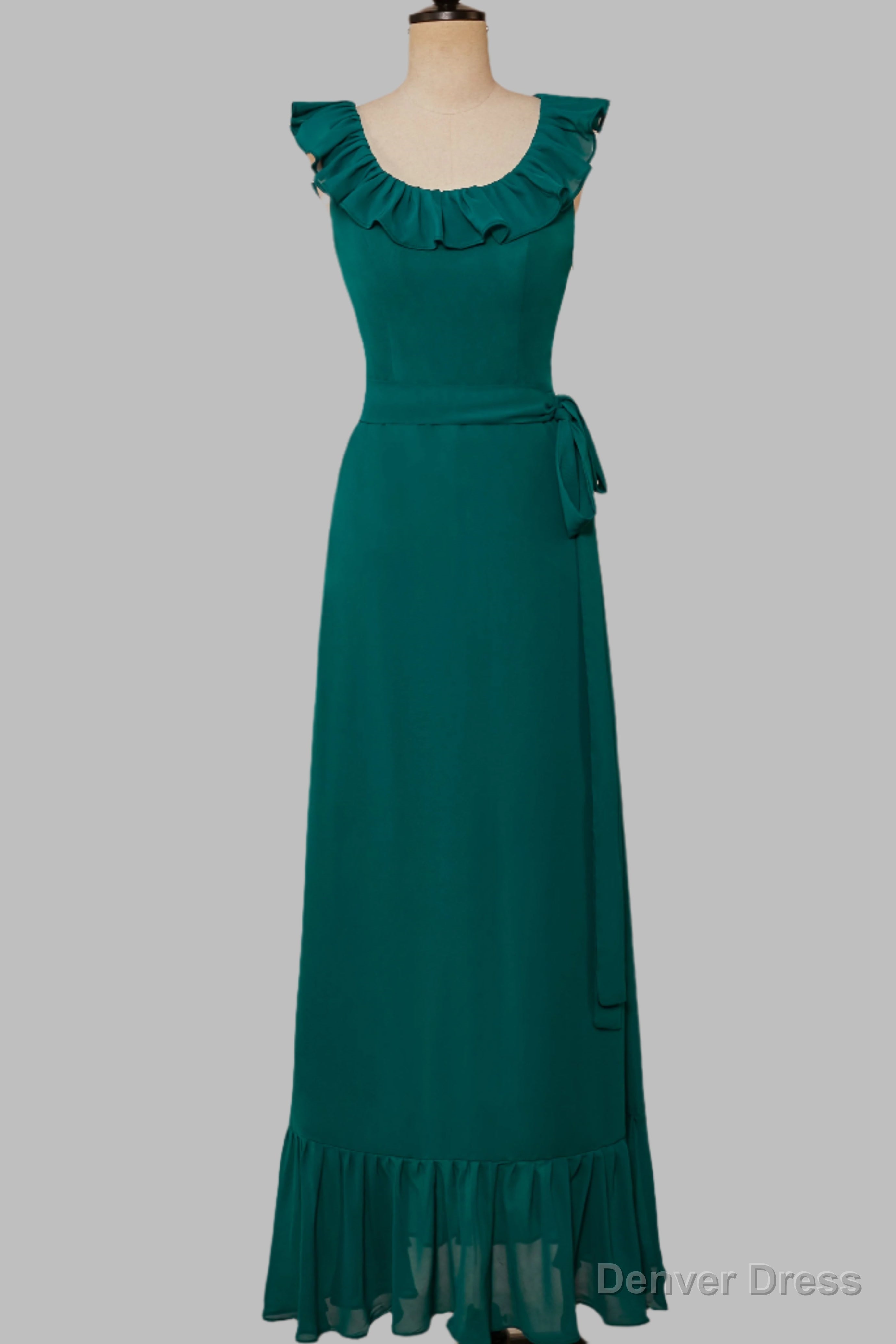Ruffled Crew Neck Emerald Chiffon Midi Bridesmaid Dress Main image